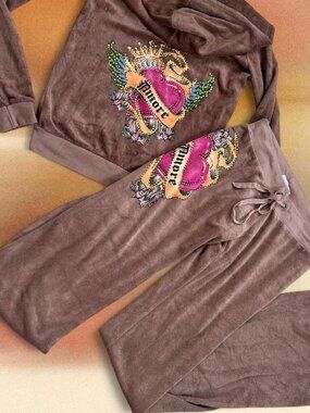 Y2K Bedazzled Velour Tracksuit Set ⭐️ ANKH Royalty Brown Rhinestone Low Rise